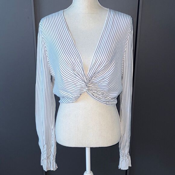 Topshop Striped Knot Front cropped Blouse - Black and White - Picture 1 of 1